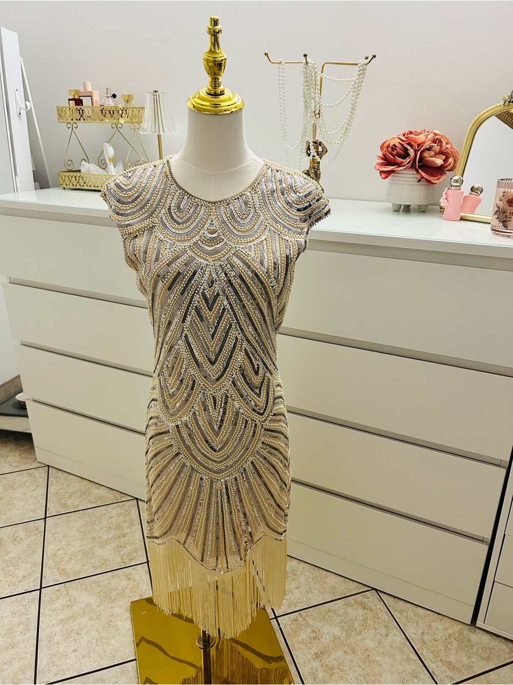 Beaded Ivory & Silver Fringe Cocktail 1920 Dress